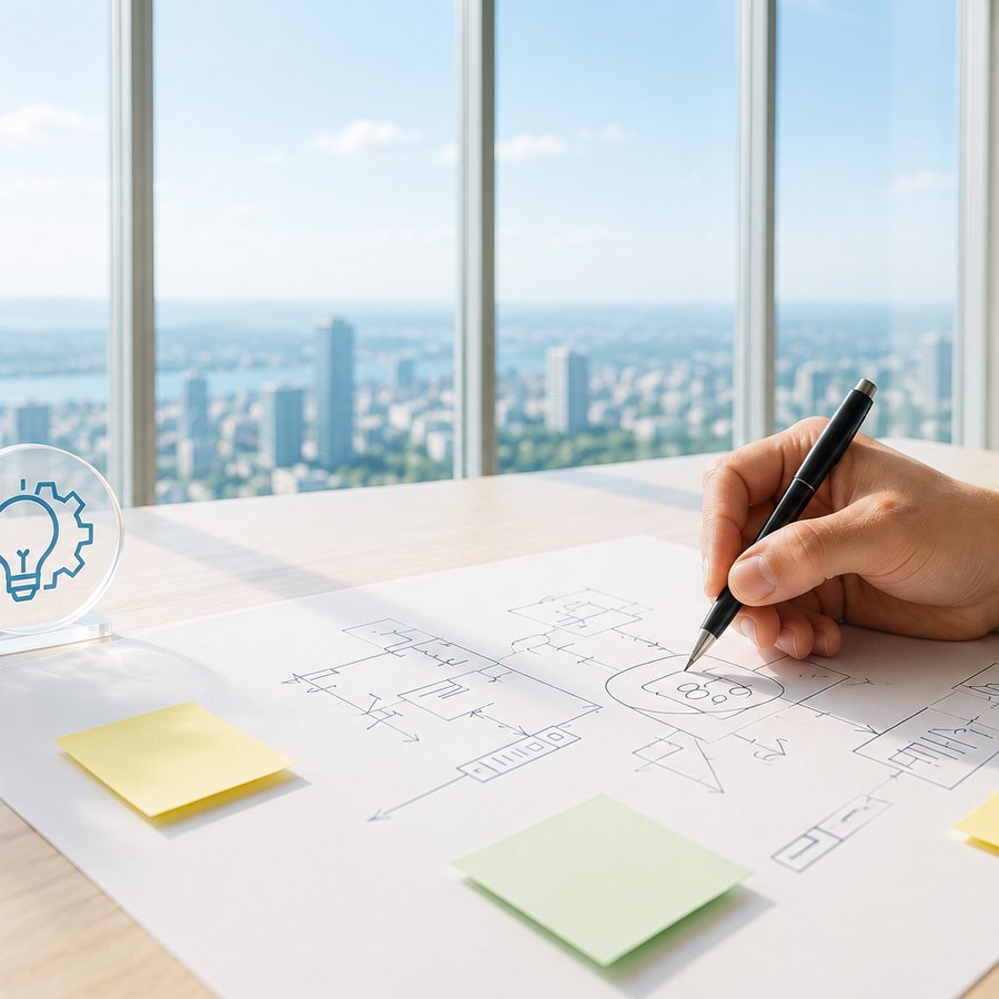 A hand drafting a plan at a desk above the city