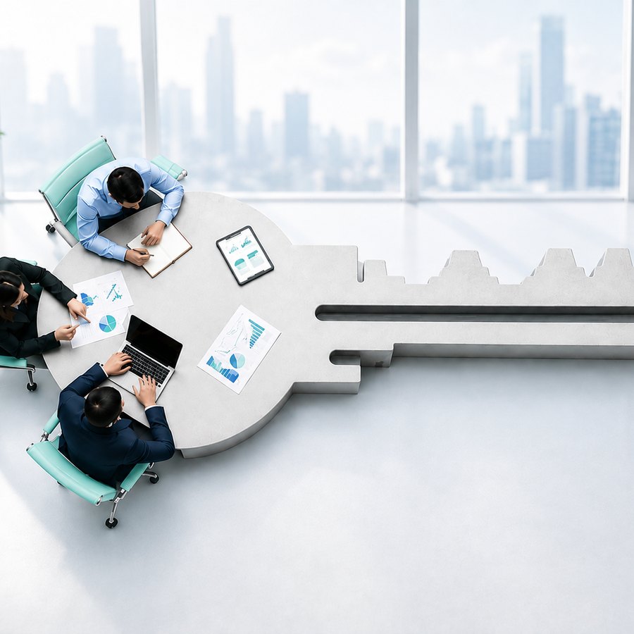 A team working around an oversized key